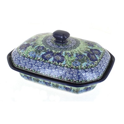 Blue Rose Polish Pottery Sapphire Fields Medium Covered Baking Dish