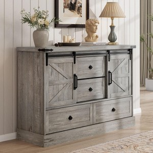 Garvee Farmhouse 4-Drawer Dresser 45 Wood Storage Chest with Sliding Barn Doors Bar Handles TV Stand or Bedroom Dresser Antique Gray Finish - 1 of 4