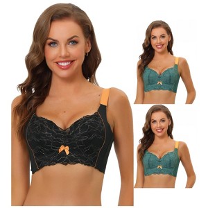 Allegra K Women's Wide Straps High Back Padded Lace Push Up Full Coverage Bralettes 3 Packs - 1 of 4