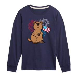 Boys' - Instant Message - Quokka with American Flag & Fireworks Long Sleeve Graphic T-Shirt - 1 of 4