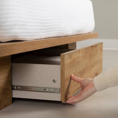 Queen Oak Wood Platform Bed with Single Drawer