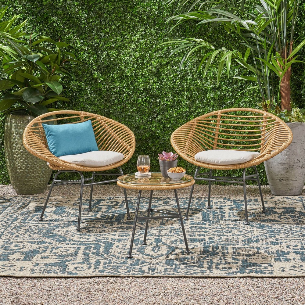 Photos - Garden Furniture Meridian 3pc Faux Wicker Chat Set Light Brown: Christopher Knight Home, St