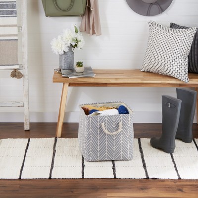 Gray Herringbone Fabric Cube Storage Bin with Rope Handles