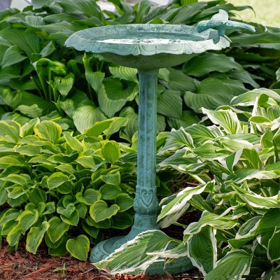 Green Patina Cast Aluminum Garden Bird Bath with Sculpture