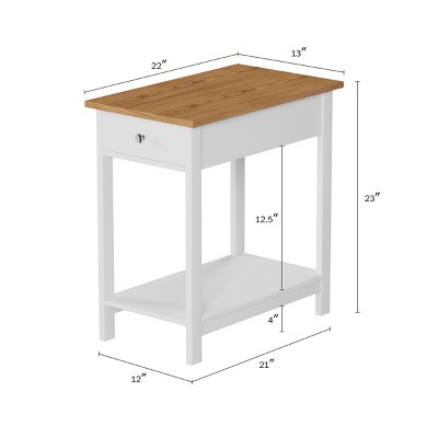 White and Honey Oak Slim End Tables with Drawer, Set of 2
