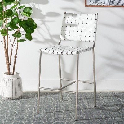 Olenna 41" White Leather and Silver Metal Saddle Counter Stool