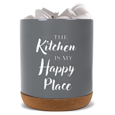 Elanze Designs Happy Place Grey X-Large Cork Bottom, Kitchen Counter, Ceramic Stoneware, Coffee, Tea and Hot Chocolate, Machine Brewing, K Capsule Pod