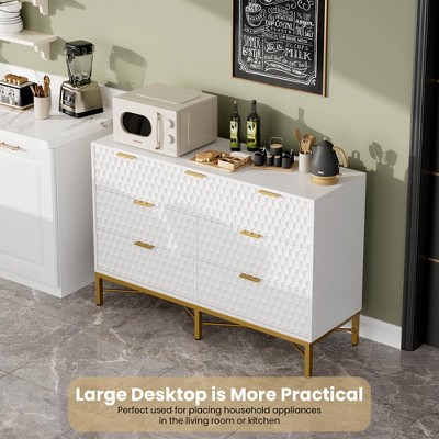 White 7-Drawer Dresser with Honeycomb Panels and Gold Metal Frame