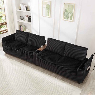 4-Seater Sofa Couch with Hidden Arm Storage, Sofa with USB Ports and Flip-Top Cup Holders, Corduroy Sofa with Plywood Frame-Cuddlewood