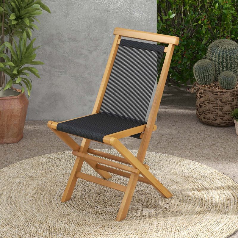 Costway 2/4 PCS Patio Folding Chairs with Woven Rope Seat & Back Indonesia Teak Wood for Porch Natural&Black, 2 of 11