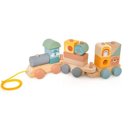 Costway Kids Wooden Toy Train Set 3-Section with Stacking Blocks Baby Toddler Education