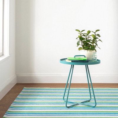 Cobalt and Green Handwoven Cotton Stripe Rug, 8' x 10'