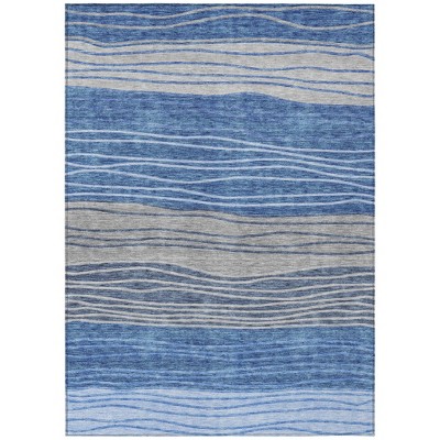 Navy Blue And Gray Striped Washable Indoor Outdoor Area Rug