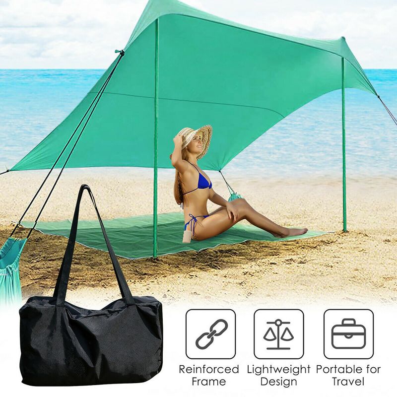 Costway Family Beach Tent Canopy w/ 4 Poles Sandbag Anchors 7'x7' UPF50+ Green, 2 of 8