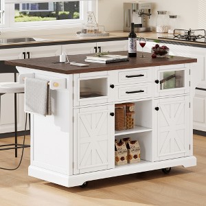 Bella Depot 54.9" Kitchen Island with Drop Leaf, Power Outlet, Cross Barn Doors & Visual Glass Door - 1 of 4