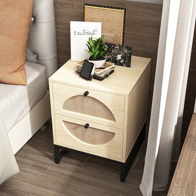 Resenkos Nightstand, Bed Side Table with 2 Drawers Barn Door, End Table Storage Wood Cabinet for Bedroom, Living Room, Light Brown