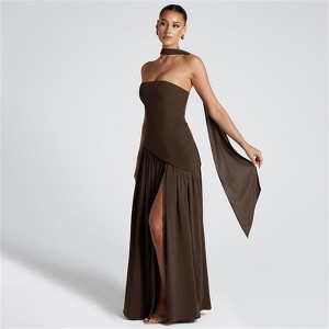 Clotth Women's Strapless Maxi Dress - Halter Neckline with Draped Back Detail, Long Skirt with Streamers,Backless Dress with Slit - 1 of 4