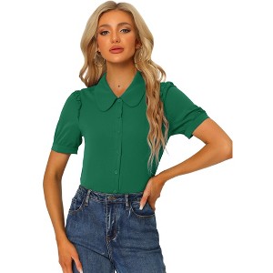 Allegra K Women's Peter Pan Collar Short Sleeve Button Front Work Shirt - 1 of 4