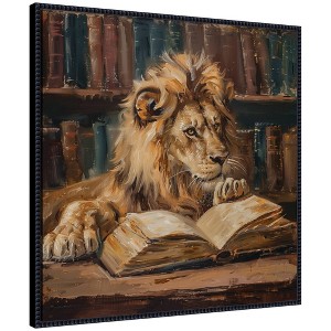 Kate & Laurel All Things Decor 30"x30" Sylvie Lion Reading in Library Framed Canvas by The Creative Bunch Studio Beaded Black - 1 of 4