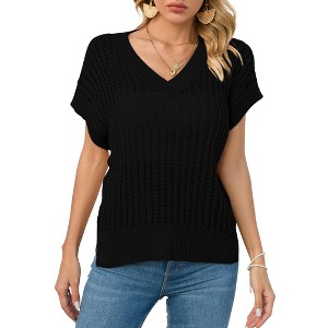 Womens V Neck Summer Pullover Sweater Vests Cap Sleeve Tops Casual Loose Fit Lightweight Knit Vest Tops - 1 of 4