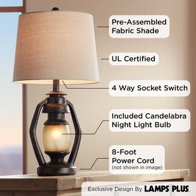 Rustic Bronze Lantern Table Lamps Set with Beige Fabric Shades