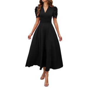 Womens High Waisted V Neck Summer Dress Puff Short Sleeve Casual A Line Flowy Maxi Dress - 1 of 4