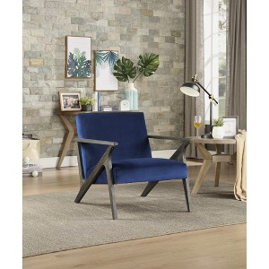 Velvet Upholstered Retro Style Accent Chair with Attached Cushions, Foam Padding, Solid Rubberwood Frame and Antique Gray Finish - 1 of 4