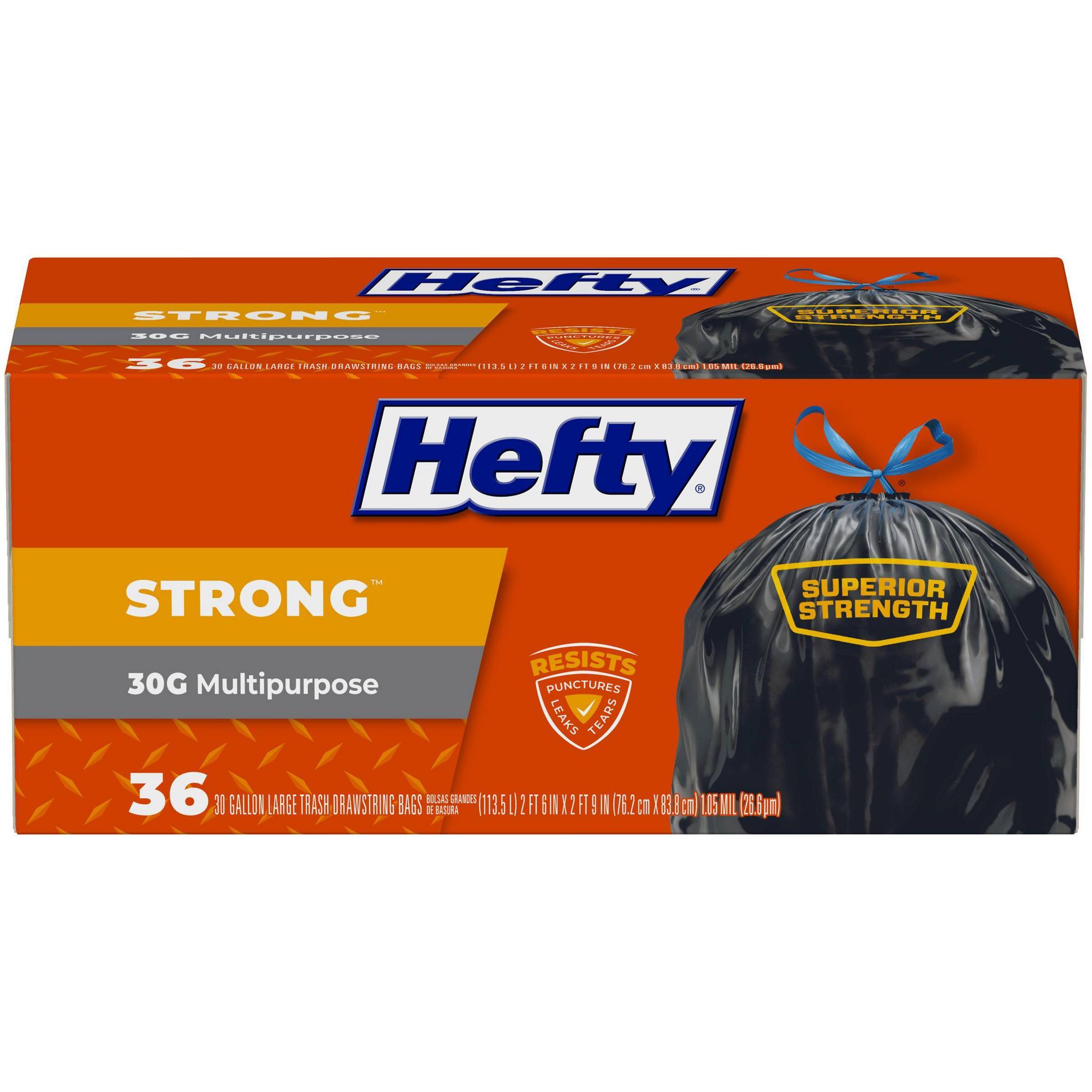 Hefty Strong Multipurpose Large Drawstring Trash Bags - 30gal/36ct: Extra Strong, Black, Polyethylene, Solid Pattern