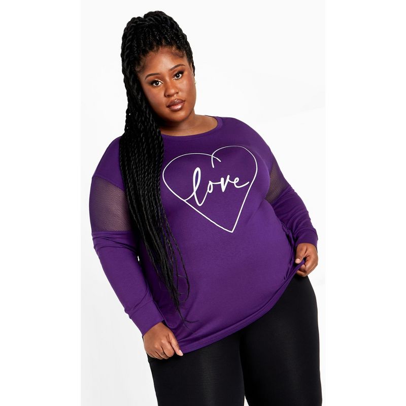 Women's Plus Size Mesh Sleeve Top - purple | AVENUE, 1 of 8