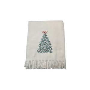 HomeRoots 55" X 70" Cream Cotton Blend Woven Christmas Tree Embroidered Throw Blanket with Fringe - 1 of 4