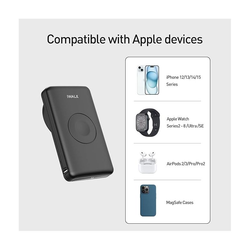 iWALK MAG-X Magnetic Wireless 10000mAh Power Bank with iWatch Charger PD Fast Charging Portable Charger Compact Battery Pack Compatible with iPhone, 4 of 7