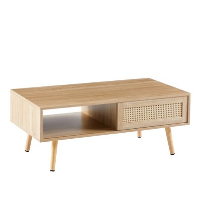 NicBex 41.34 Inch Rectangle Rattan 2-Tier Storage Coffee Table with Sliding Door  for Living Room,Bedroom