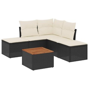 vidaXL 6 Piece Patio Sofa Set with Cushions Black Poly Rattan - Black and Cream - 1 of 4