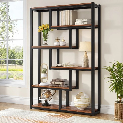 Hommoo 6 tier Bookshelf 69 Industrial Bookcase With Staggered Shelves Walnut Target
