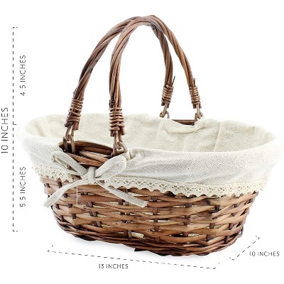 Rustic Oval Brown Wicker Basket with Lace-Trimmed Liner