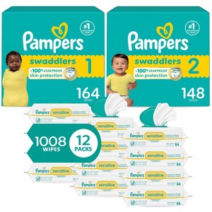 Pampers Swaddlers Sensitive Disposable Diapers Size 1 - 164ct + Size 2 - 148ct + Sensitive Baby Wipes - 1008ct - 1 of 1
