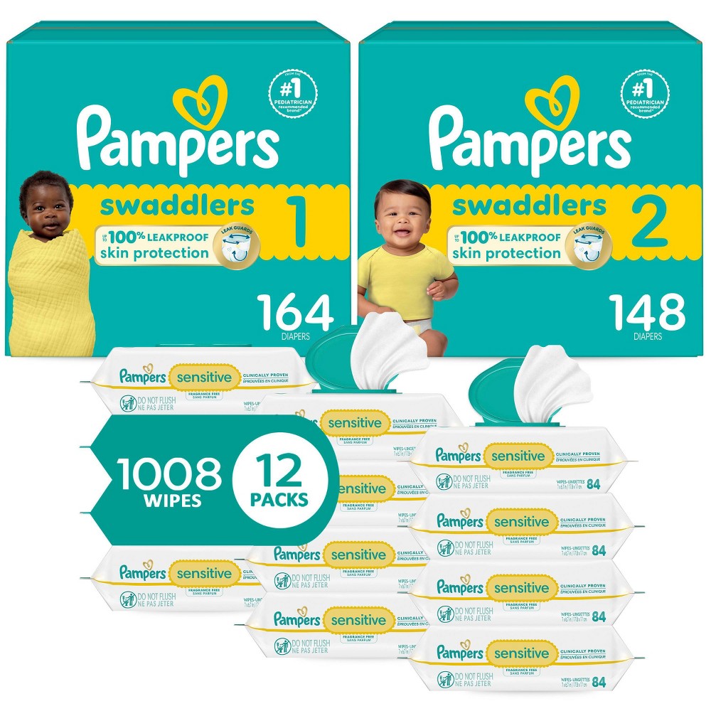 Pampers Swaddlers Sensitive Disposable Diapers Size 1 - 164ct + Size 2 - 148ct + Sensitive Baby Wipes - 1008ct