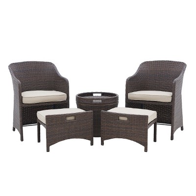 Barton 5-Pieces Patio Sofa Ottoman Wicker Set with Side Storage Table, Brown/Beige