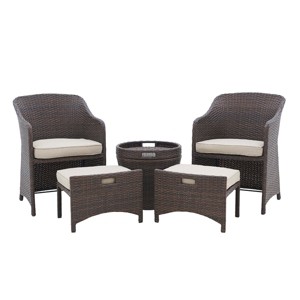 Barton 5-Pieces Patio Sofa Ottoman Wicker Set with Side Storage Table, Brown/Beige - 1 of 4