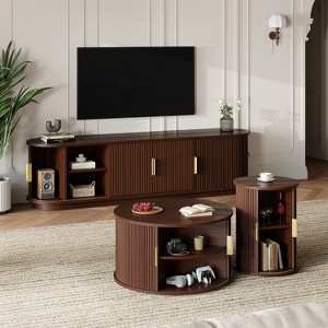TiramisuBest Wooden TV Stand & Coffee Table Set, Oval Fluted Media Console with Charging Station for TVs up to 80" ,Walnut - 1 of 4