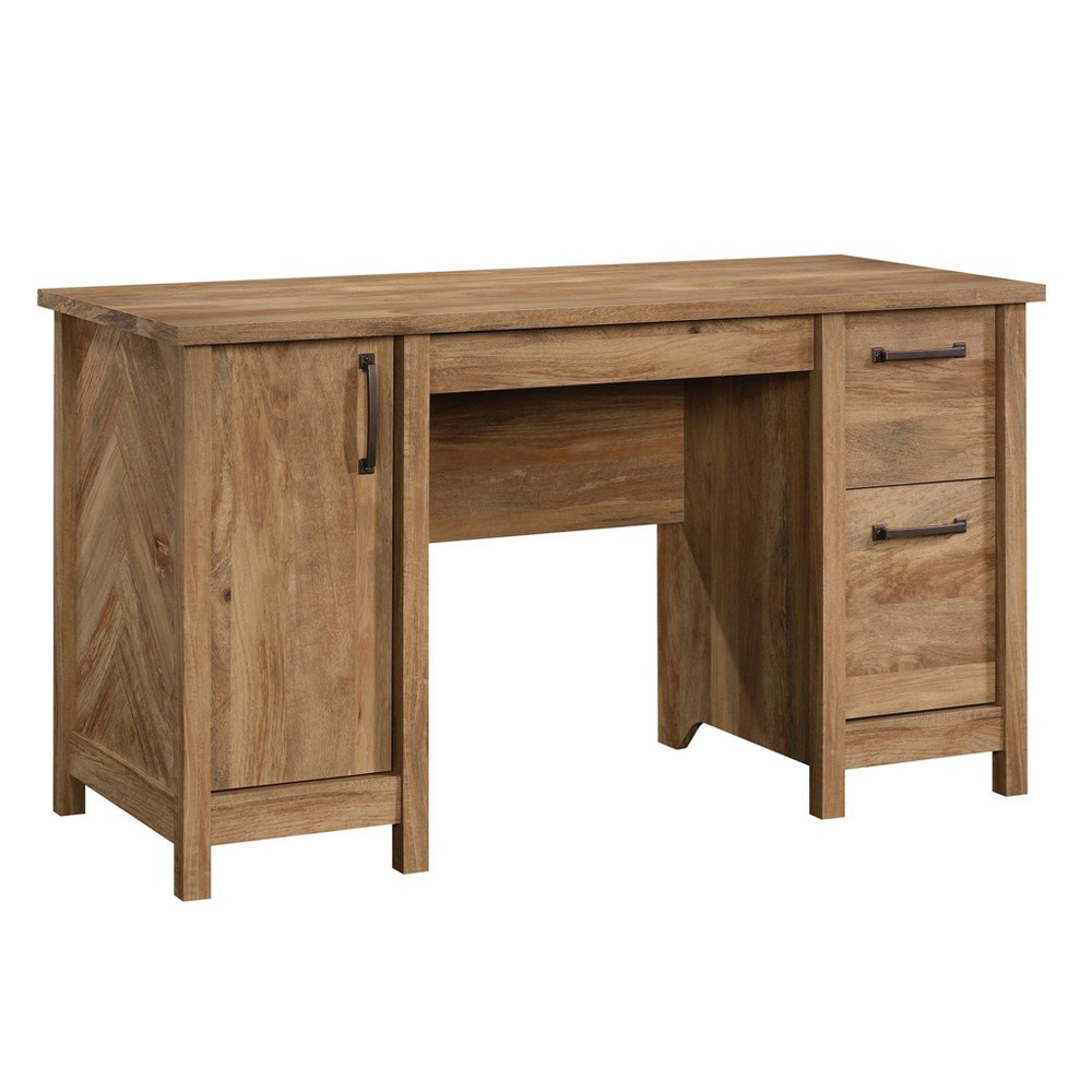 Sauder Cannery Bridge Computer Desk Sindoori Mango: Mid-Century Modern Style, Paper Veneer Surface, Wood Composite Frame, Enclosed Storage Cabinet