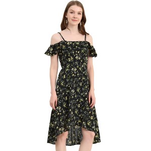 Allegra K Women's Spaghetti Straps Ruffled Sleeves Asymmetrical High Low Floral Midi Sundresses - 1 of 4