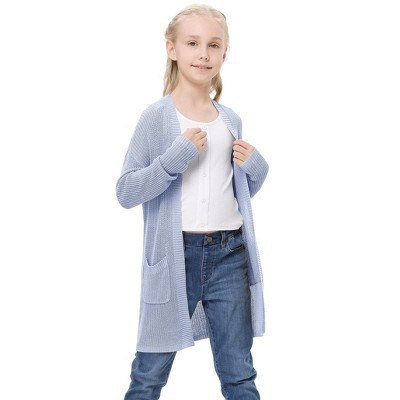 Girl's Open Front Cardigan Long Sleeve Knit Sweaters Kids Lightweight Cute Casual Loose Outerwear Coats with Pockets