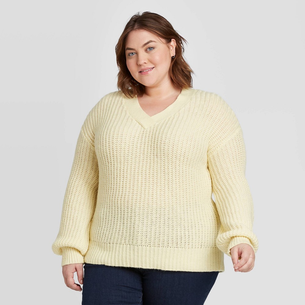 Women's Plus Size V-Neck Pullover Sweater - Ava & Viv Yellow 4X, Women's, Size: 4XL was $27.99 now $13.99 (50.0% off)