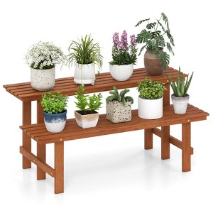 Costway 2 Tier Wood Plant Stand with Teak Oil Finish Indoor & Outdoor Flower Pot Holder - 1 of 4