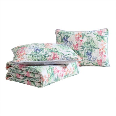 Twin Blue Cotton Reversible Quilt Set with Botanical Pattern