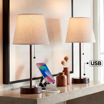 Bronze Metal Table Lamps with Beige Fabric Drum Shade and USB Ports
