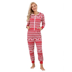 BLUEMING Women's Family Matching Christmas Pajamas Reindeer Print Fleece Onesie - Hooded Holiday Sleepwear Nightwear - 1 of 4