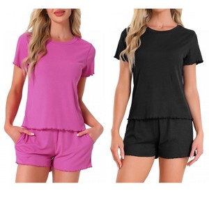 INSPIRE CHIC Women's 4 Pcs Ribbed Knit Soft Short-Sleeve Top & Shorts Ruffled Lounge Pajama Set with Pocket - 1 of 4
