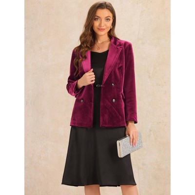 Allegra K Women's Notched Lapel Button Front Long Sleeve Double Breasted Velvet Blazer Dark Red X-Small — фото 2
